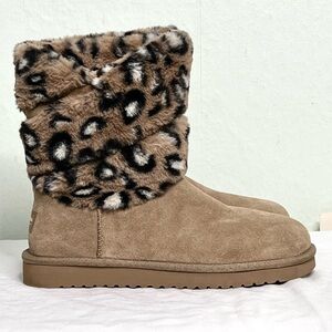 KOOLABURRA BY UGG DEZI SHORT LEOPARD PRINT TAN-SUEDE WOOL LINED WOMENS BOOT SZ.7